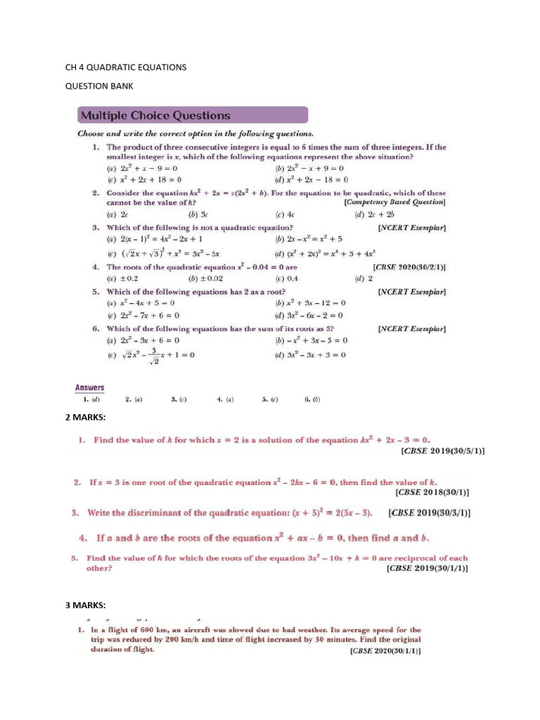 CH 4 Quadratic Equations | PDF