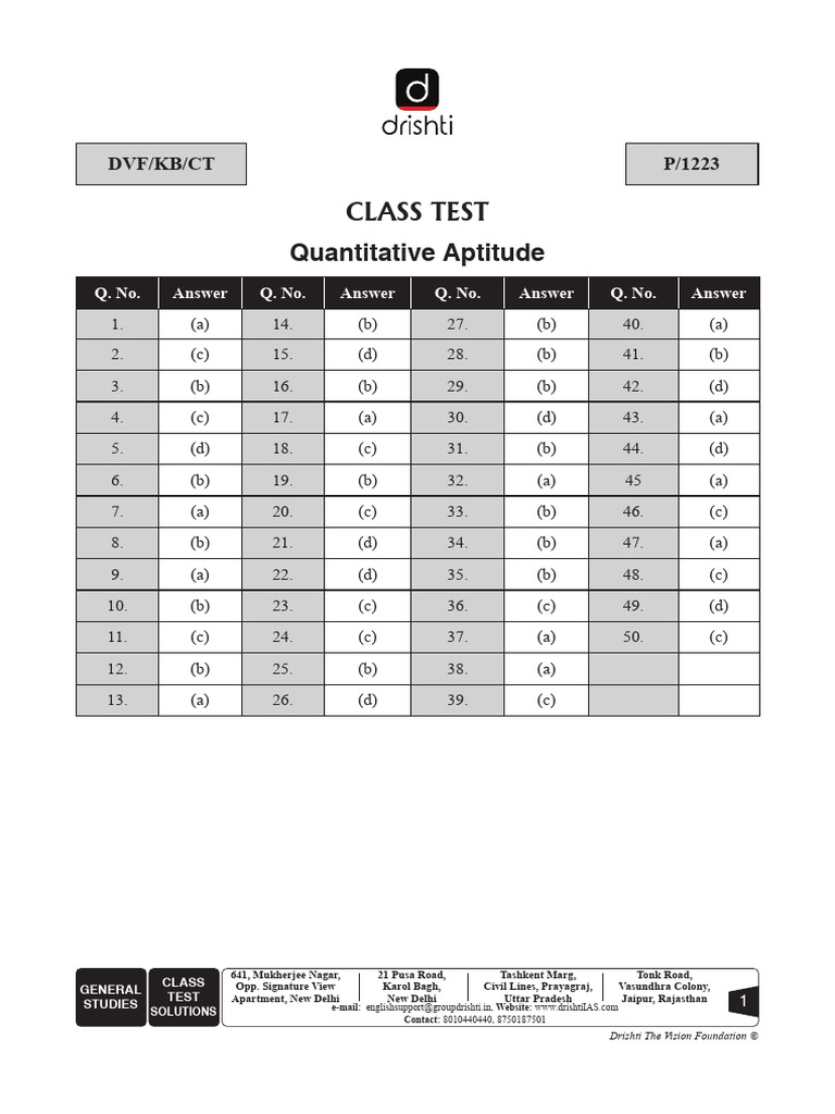 Class Test Solutions: Quantitative Aptitude | PDF | Chess Openings | Chess