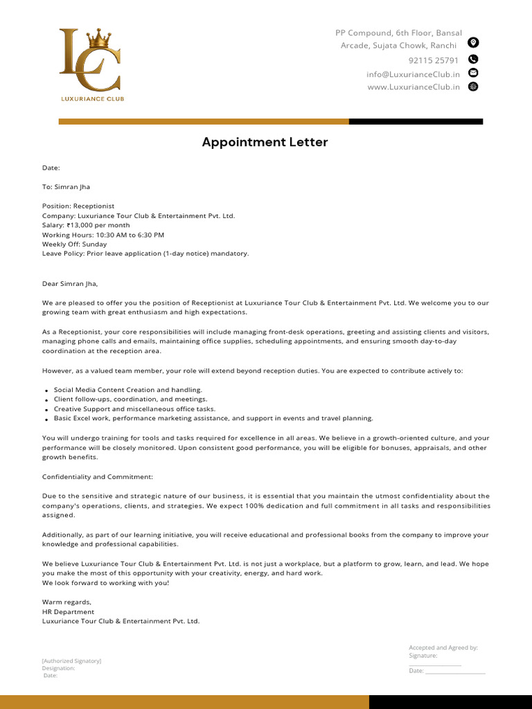Receptionist Appointment Letter | PDF