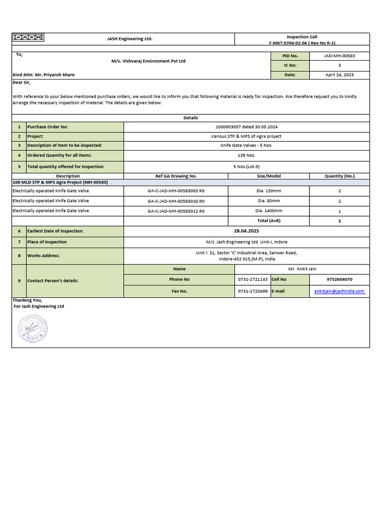 Inspection Call Note Vishvaraj Various Agra KGV MH-583 Lot3 | PDF