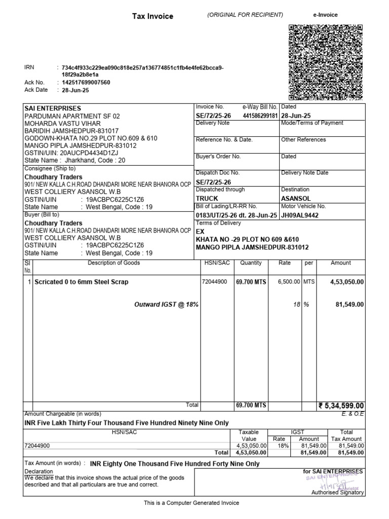 Tax Invoice for Steel Scrap Sale | PDF | Taxes | Payments