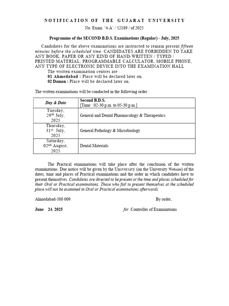 BDS 2nd Year Exam Schedule July 2025 | PDF