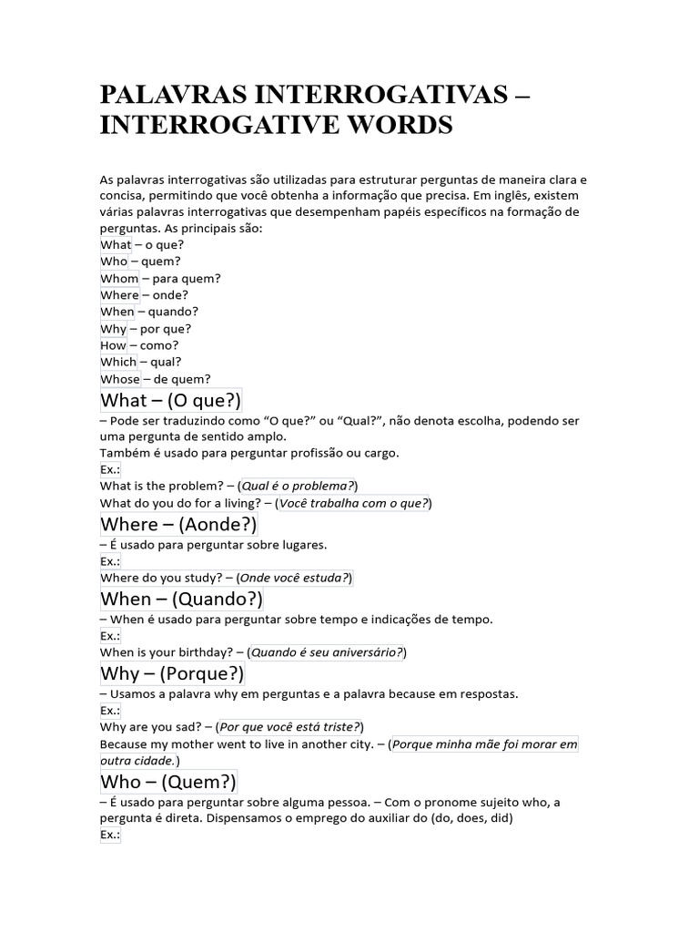 Palavras Interrogativas em Inglês | PDF