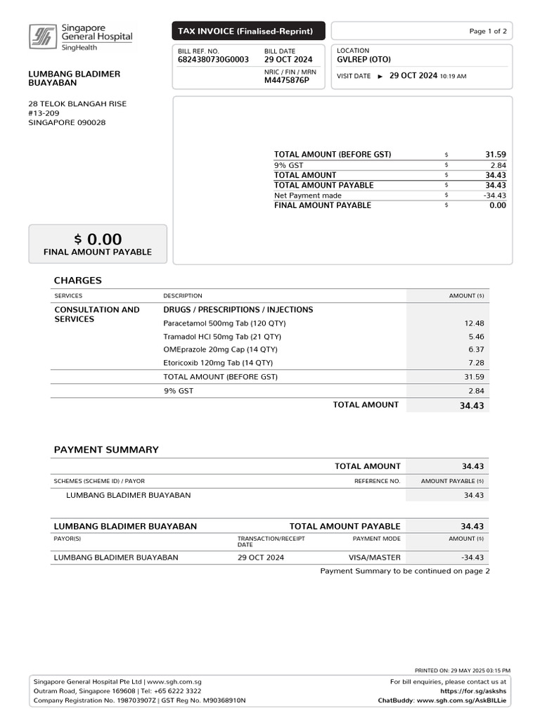 SGH Hospital Bill Summary | PDF | Payments | Money