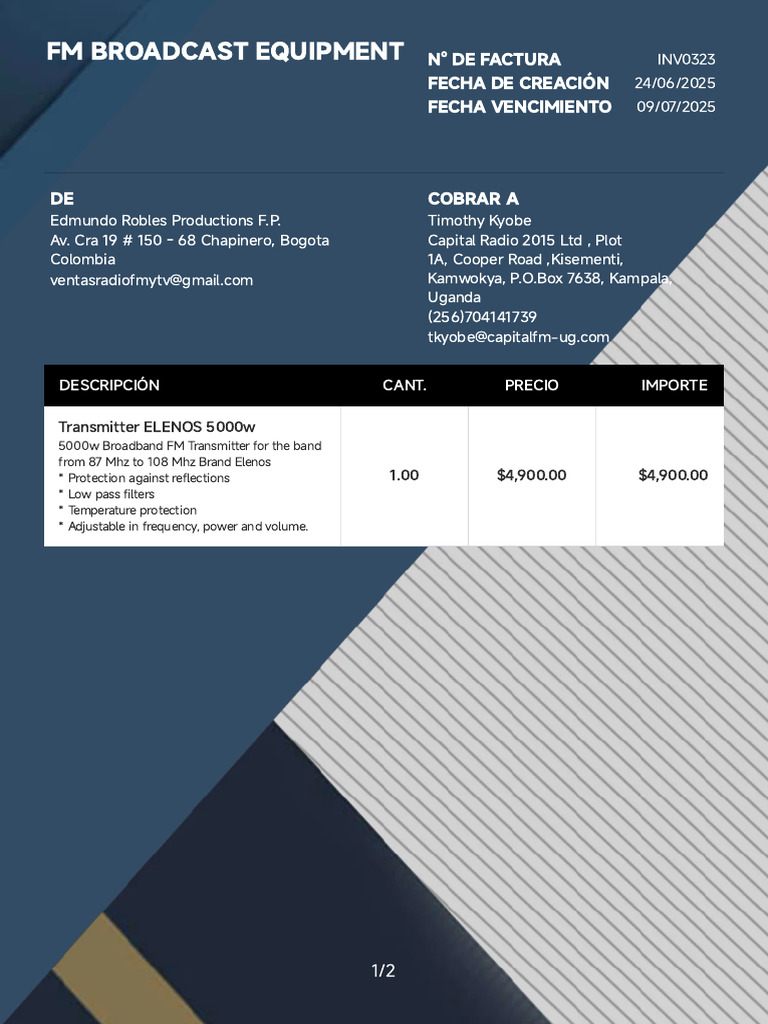 5000W FM Transmitter Invoice | PDF