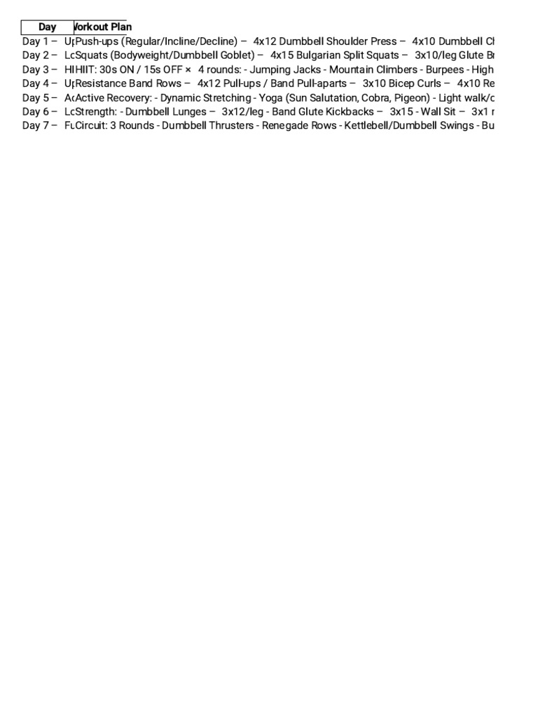 7 Day Home Gym Workout Plan | PDF