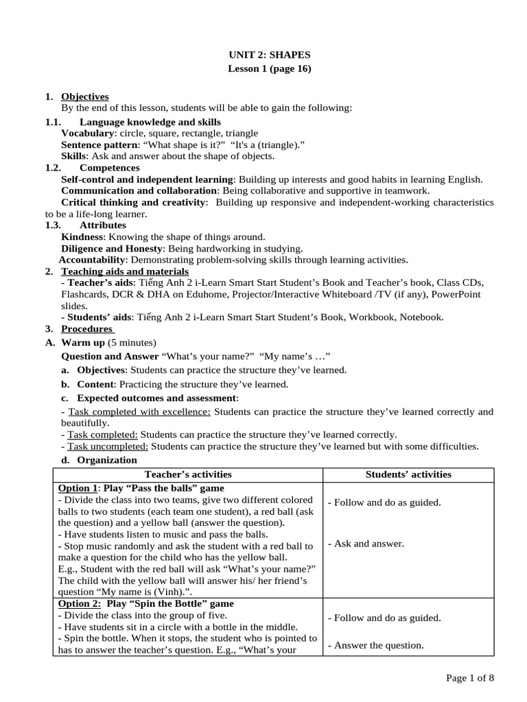 English Shapes Lesson Plan | PDF | Learning | Shape