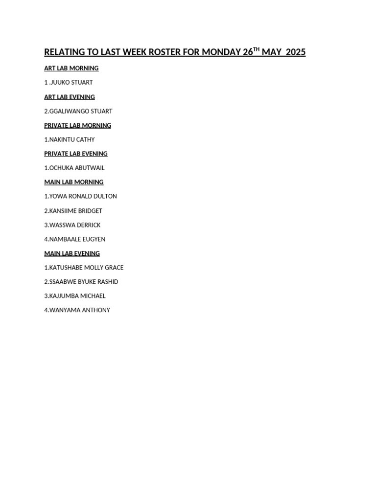 Relating To Last Week Roster For Monday 26th May 2025 | PDF