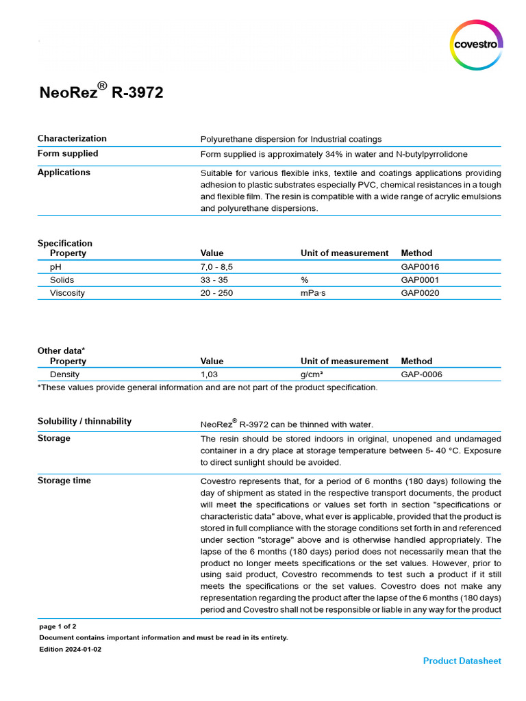 NeoRez® R-3972 Product Datasheet | PDF | Viscosity | Materials