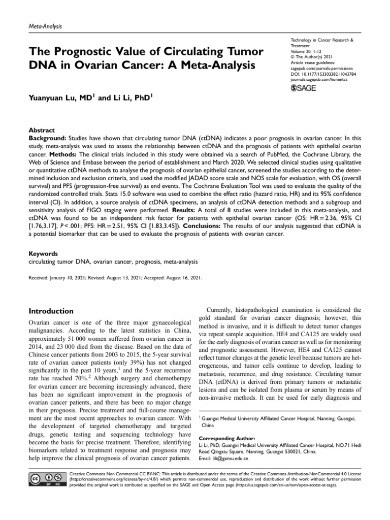 The Prognostic Value of Circulating Tumor DNA in Ovarian Cancer A Meta ...