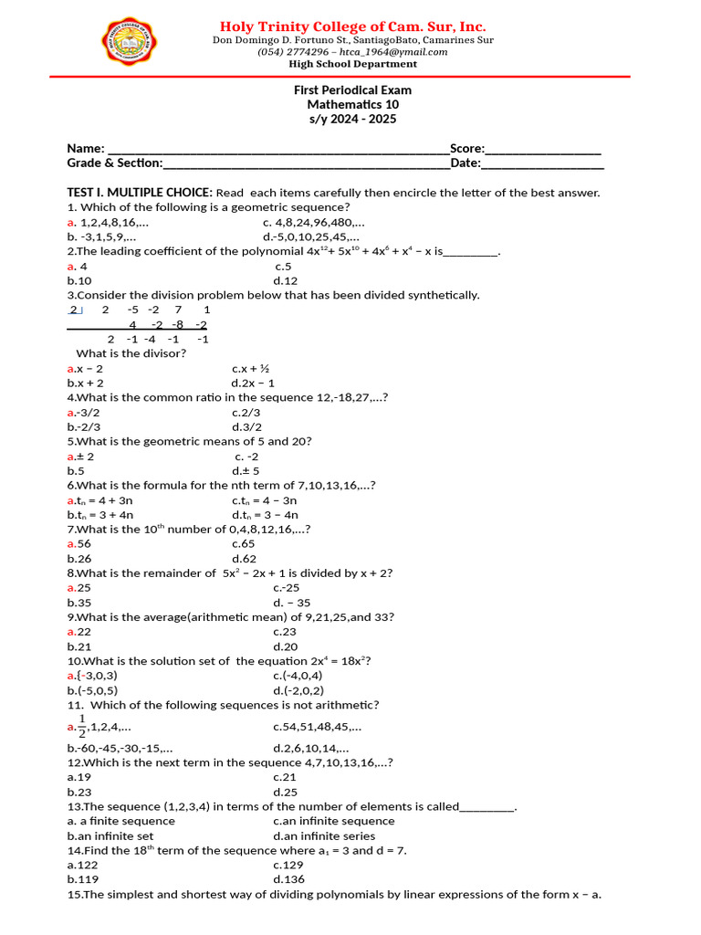 10th Grade Math Periodical Exam | PDF | Factorization | Arithmetic