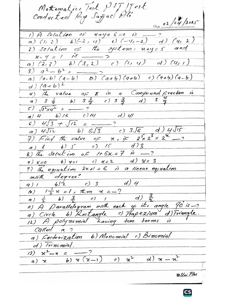 Mathematics Test PST Jest | PDF