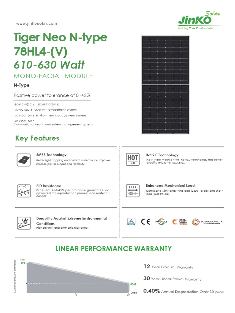 Jinko Tiger Neo N-Type 620-630W Datasheet | PDF | Electricity