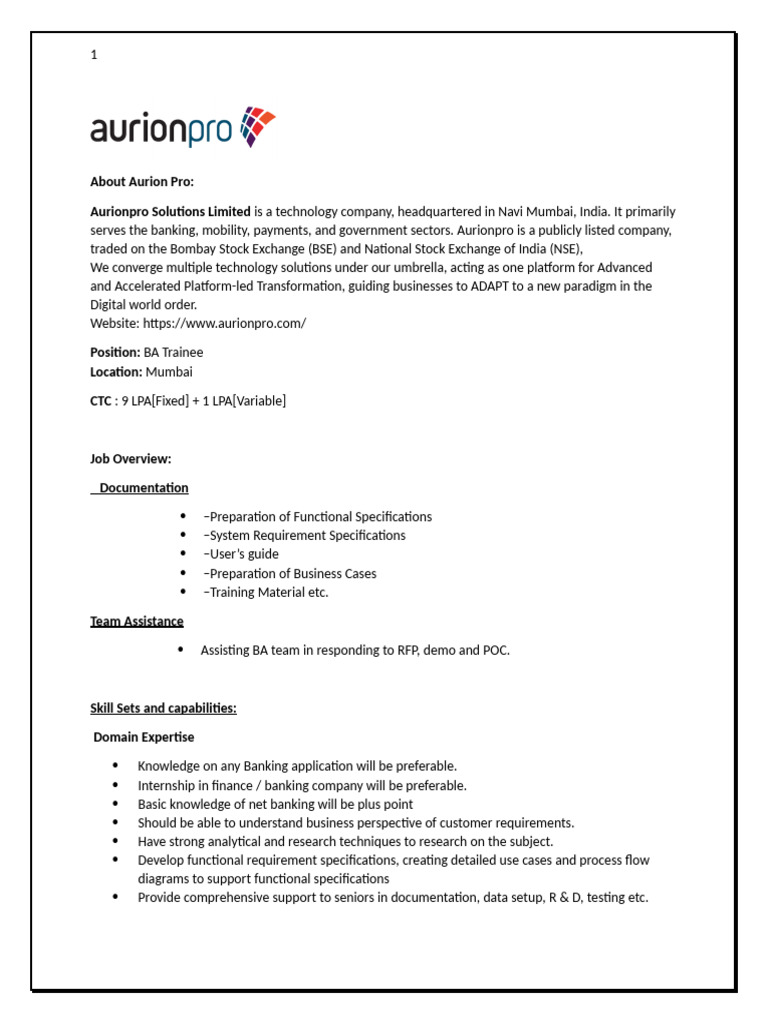 Aurionpro JD | PDF