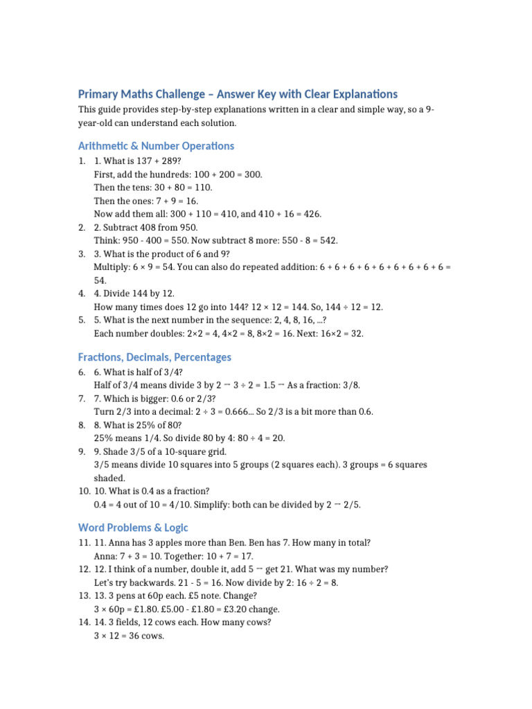 Primary Maths Challenge Easy Explanations | PDF