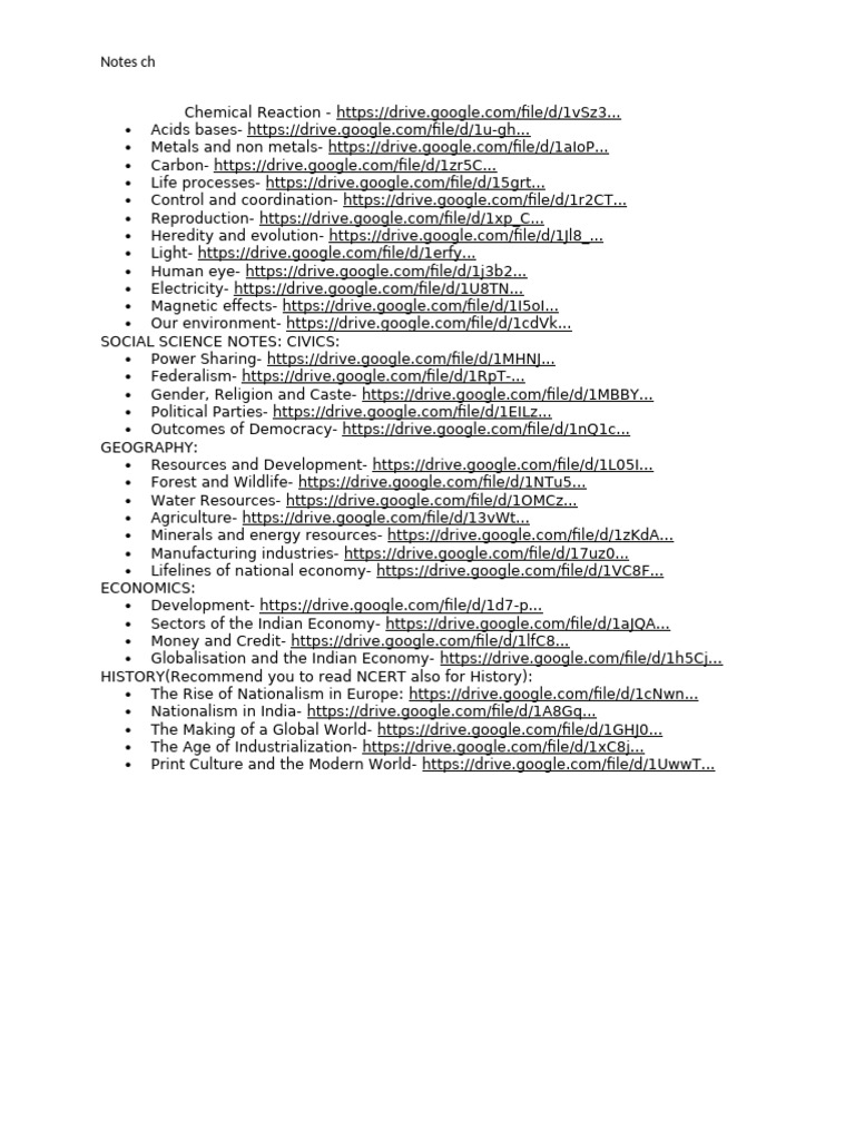 NOTES Science, SST, Class 10 | PDF
