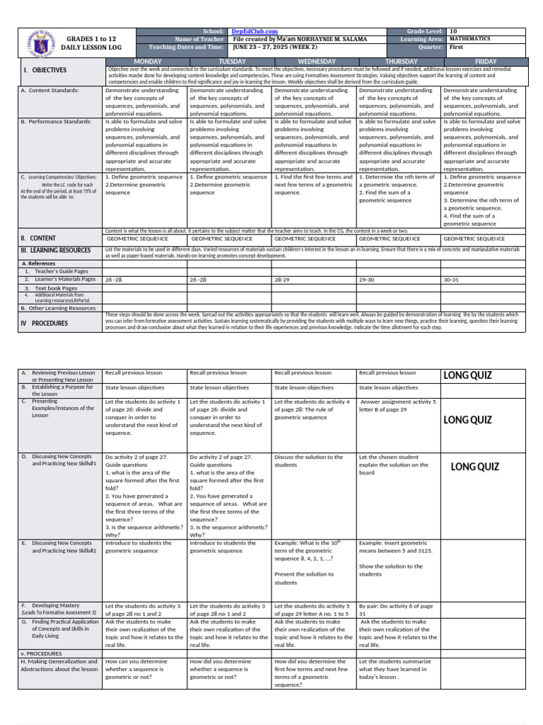 Grade 10 Mathematics Daily Lesson Plan | PDF | Equations | Polynomial