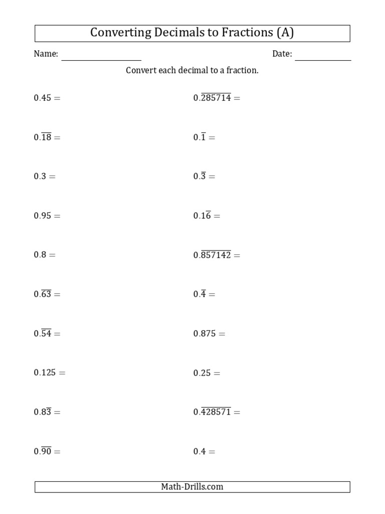 Decimals Worksheet - Converting Terminating and Repeating Decimals To ...