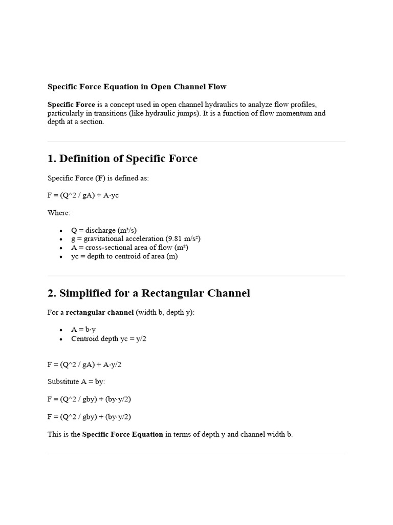 Specific Force in Open Channel Flow | PDF