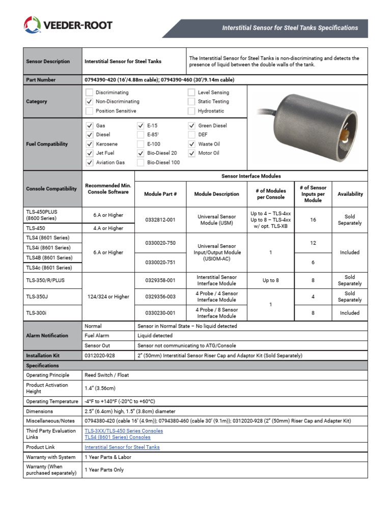 Veeder-Root Interstitial Sensor Specs | PDF | Biodiesel | Diesel Fuel