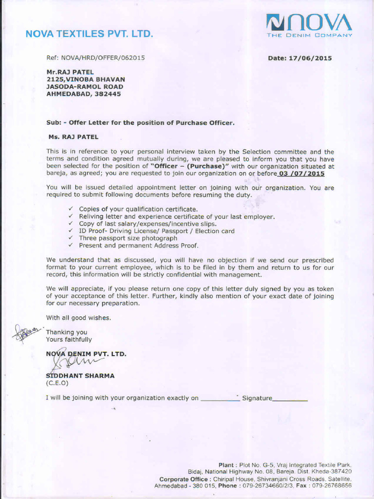 Nova Tes Offe Letter | PDF