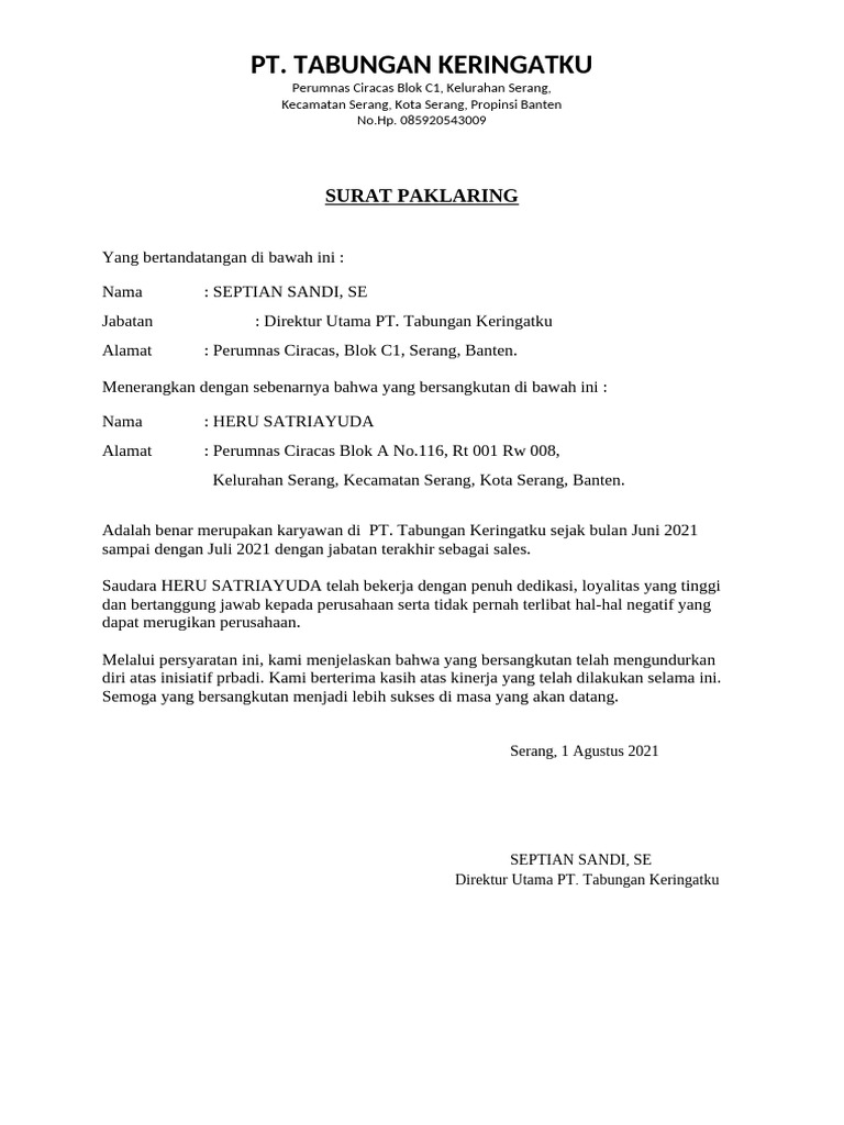 Surat Paklaring Karyawan PT. Tabungan Keringatku | PDF