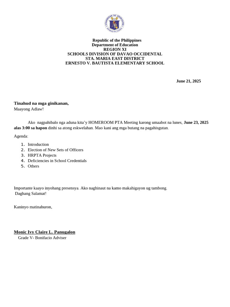 HRPTA Meeting Invitation to Parents | PDF
