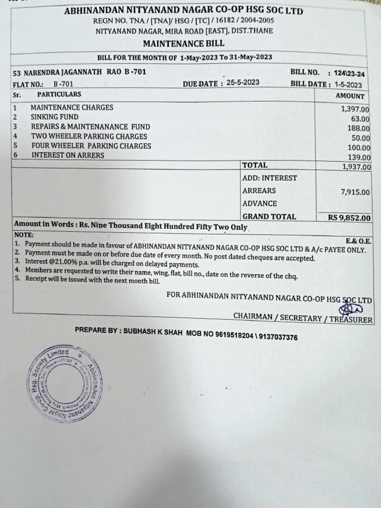 Housing Society Maintenance Bill May 2023 | PDF