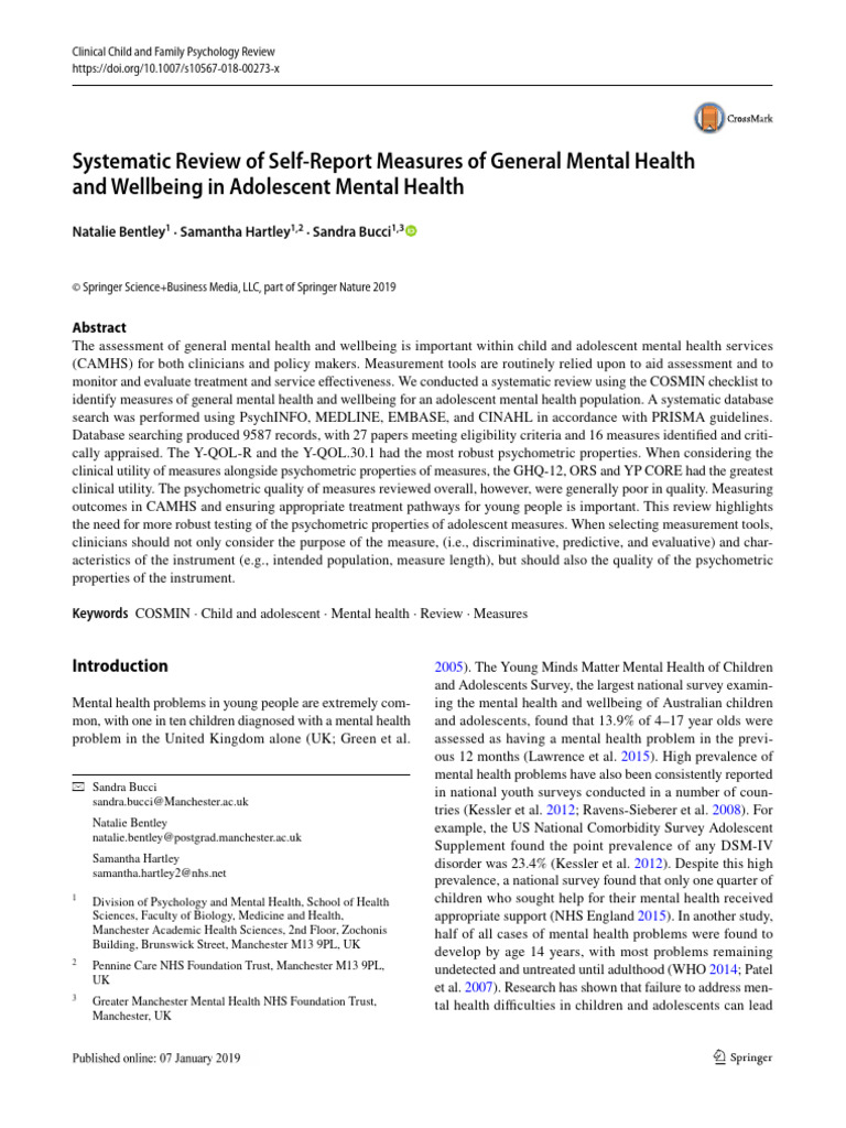 Adolescent Mental Health Measure Review | PDF | Mental Health ...