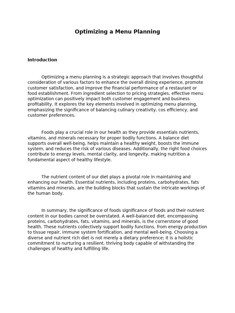 Optimizing A Menu Planning - Docx 02 | PDF | Diet (Nutrition) | Diet ...