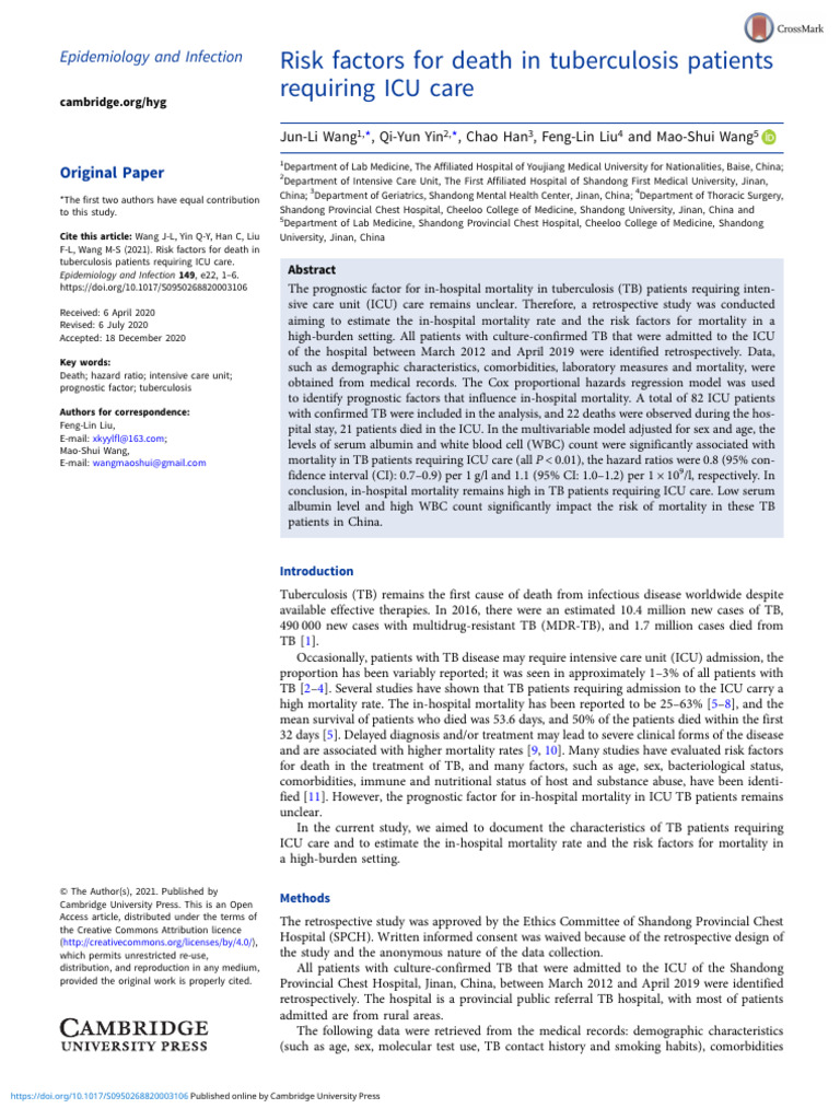 2021 - Risk Factors For Death in Tuberculosis Patients Requiring ICU ...