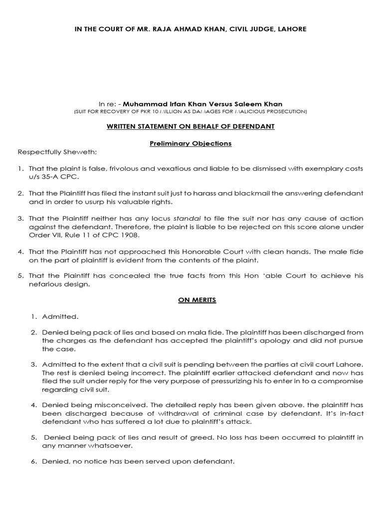 Malicious Prosecution Defense Statement | PDF | Lawsuit | Vexatious ...