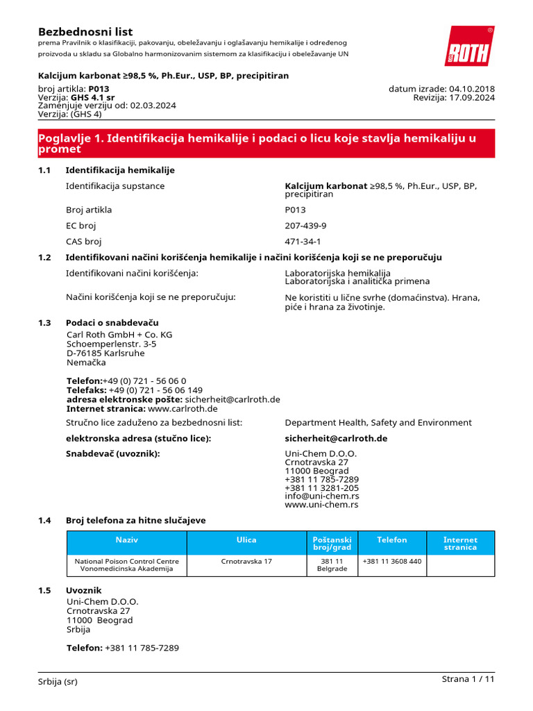 MSDS Kalcijum Karbonat | PDF
