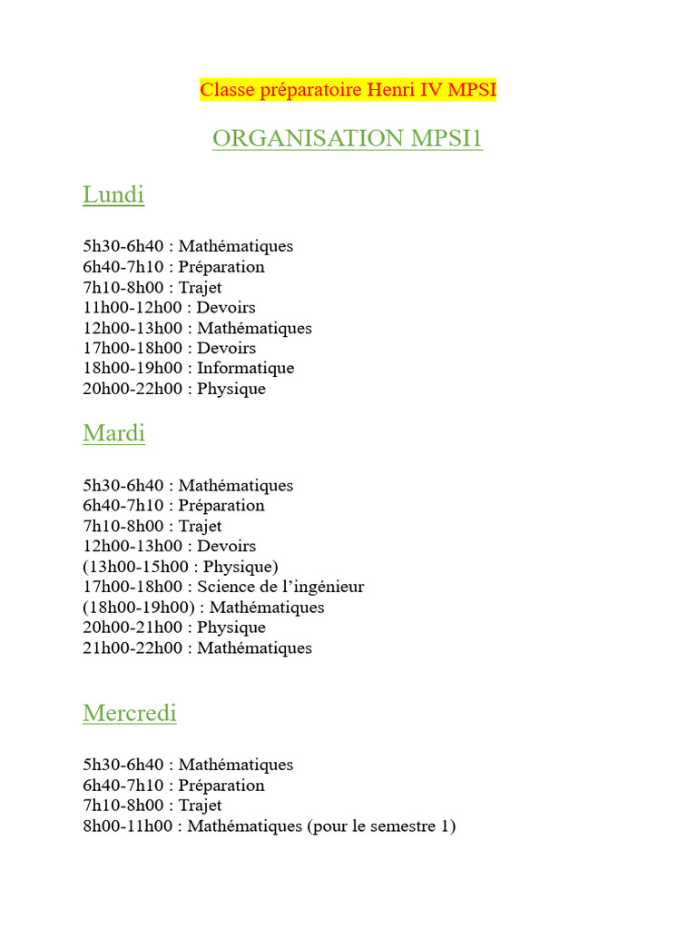 Emploi du temps MPSI Henri IV | PDF