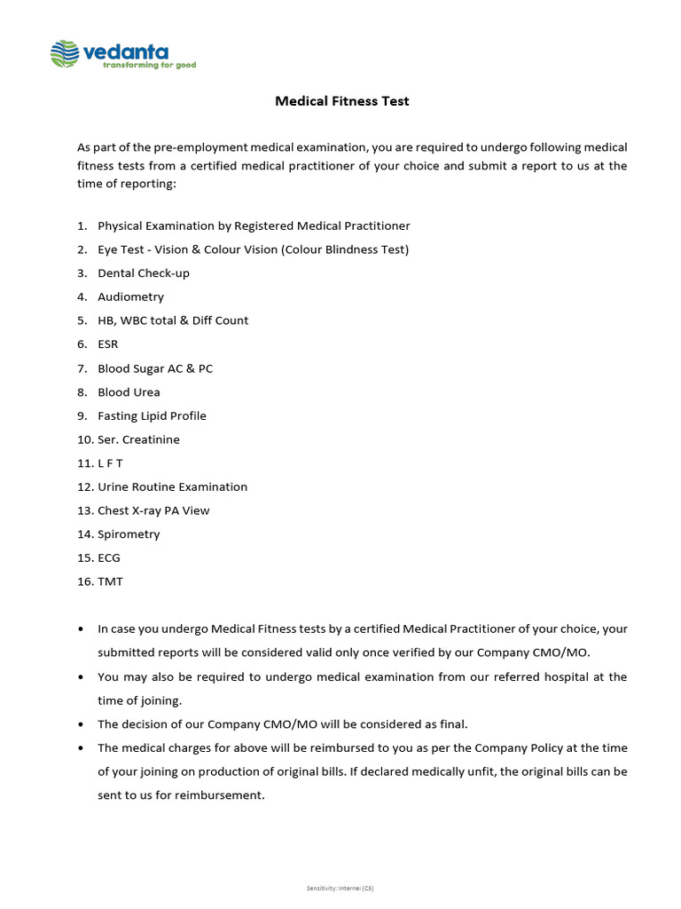 Medical Fitness Test - Requirements | PDF
