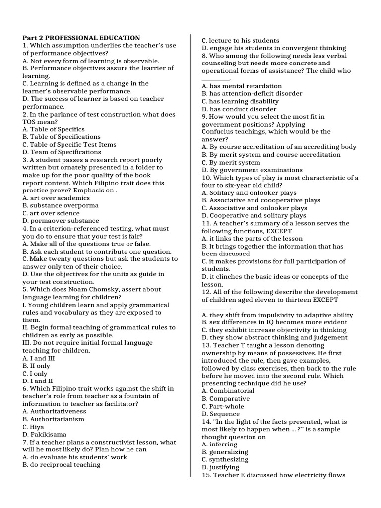 Professional Education Assessment Questions | PDF | Teachers | Learning