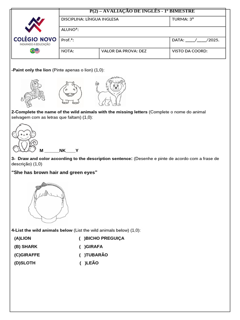 Prova de Inglês - 2º Ano Fundamental | PDF