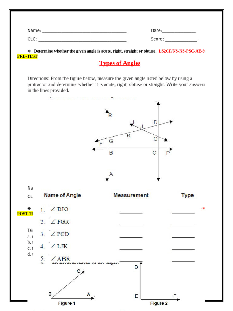 Types of Angles: Pre-Test & Post-Test | PDF