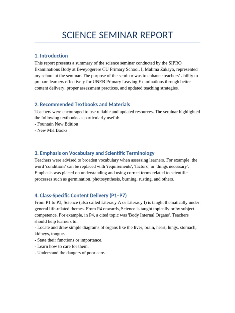 Science Seminar Report for Teachers | PDF | Learning | Knowledge