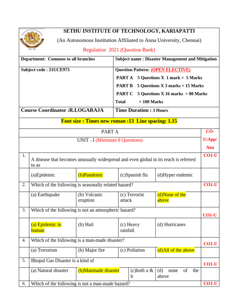 Disaster Management Question Bank 2021 | PDF | Natural Disasters ...