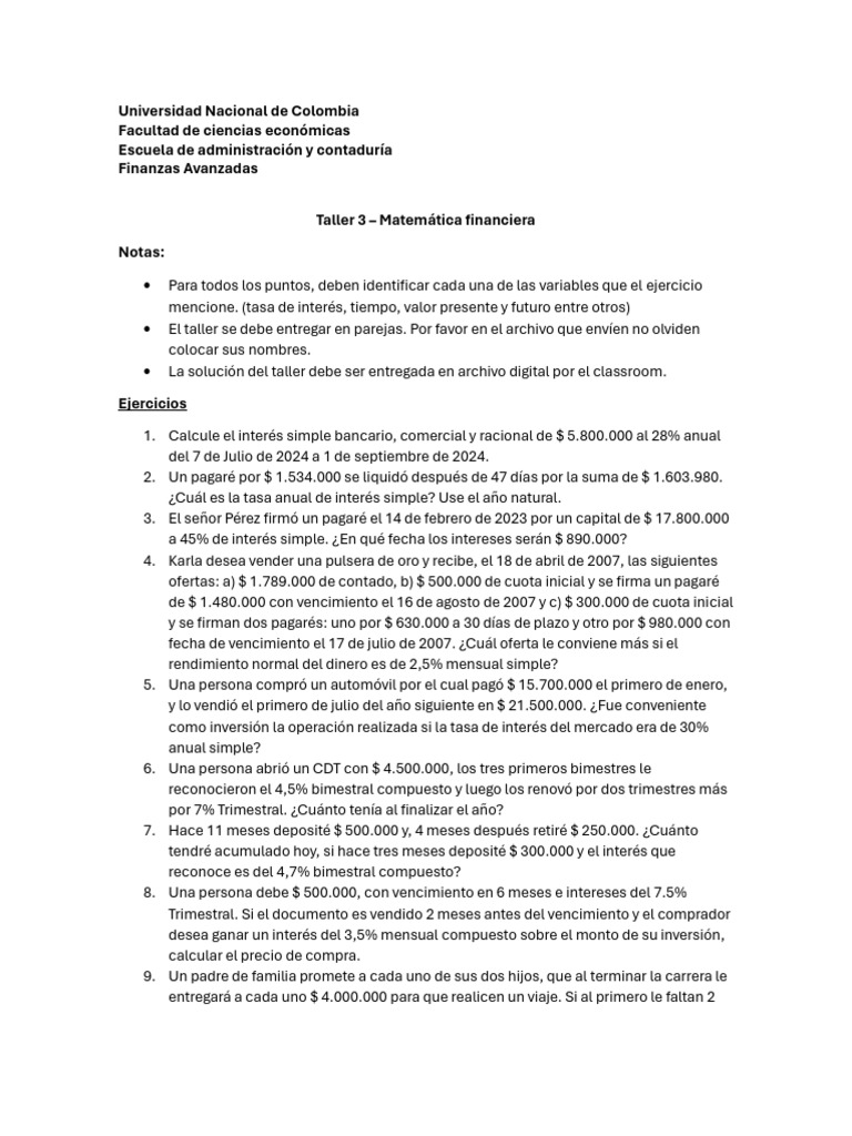 Taller 3-Matematicas Financieras | PDF | Interés | Dinero