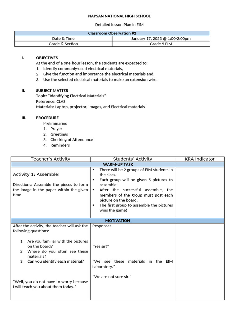 Grade 9 EIM Lesson Plan: Electrical Materials | PDF | Electrical ...