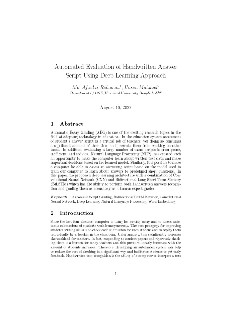 Deep Learning for Handwritten Essay Grading | PDF | Optical Character ...