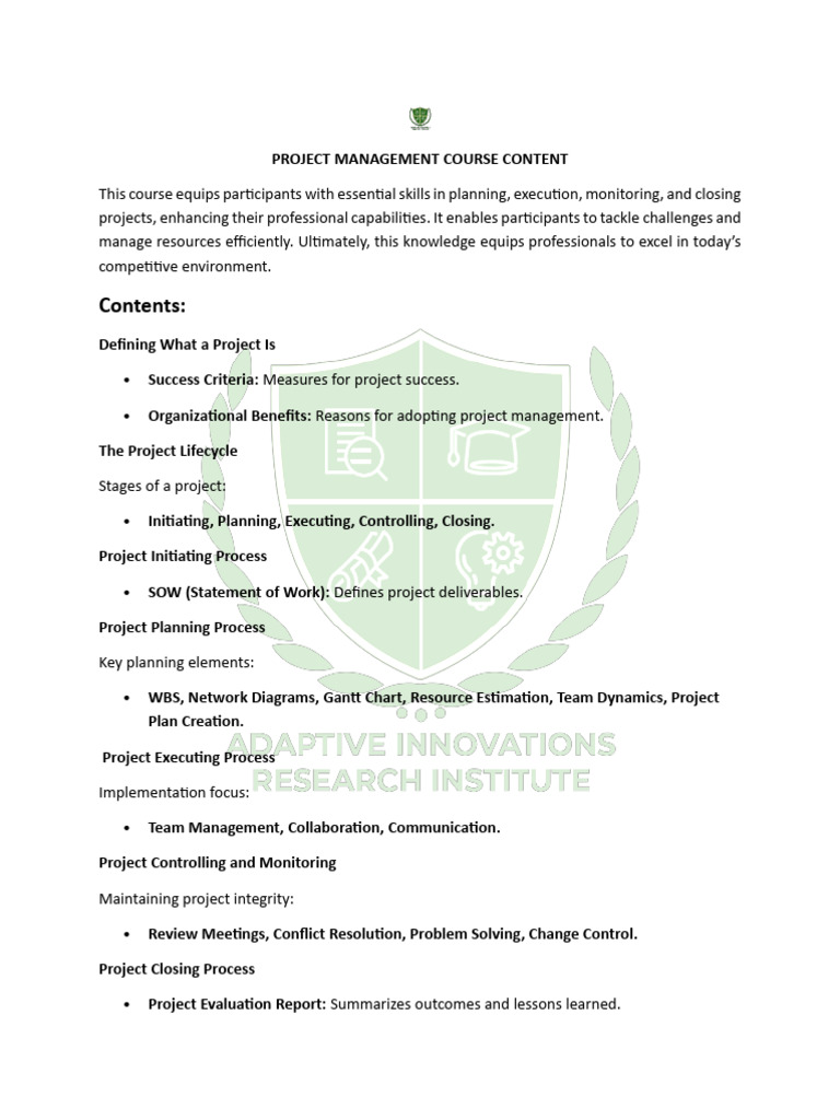 Project Management Course Overview | PDF