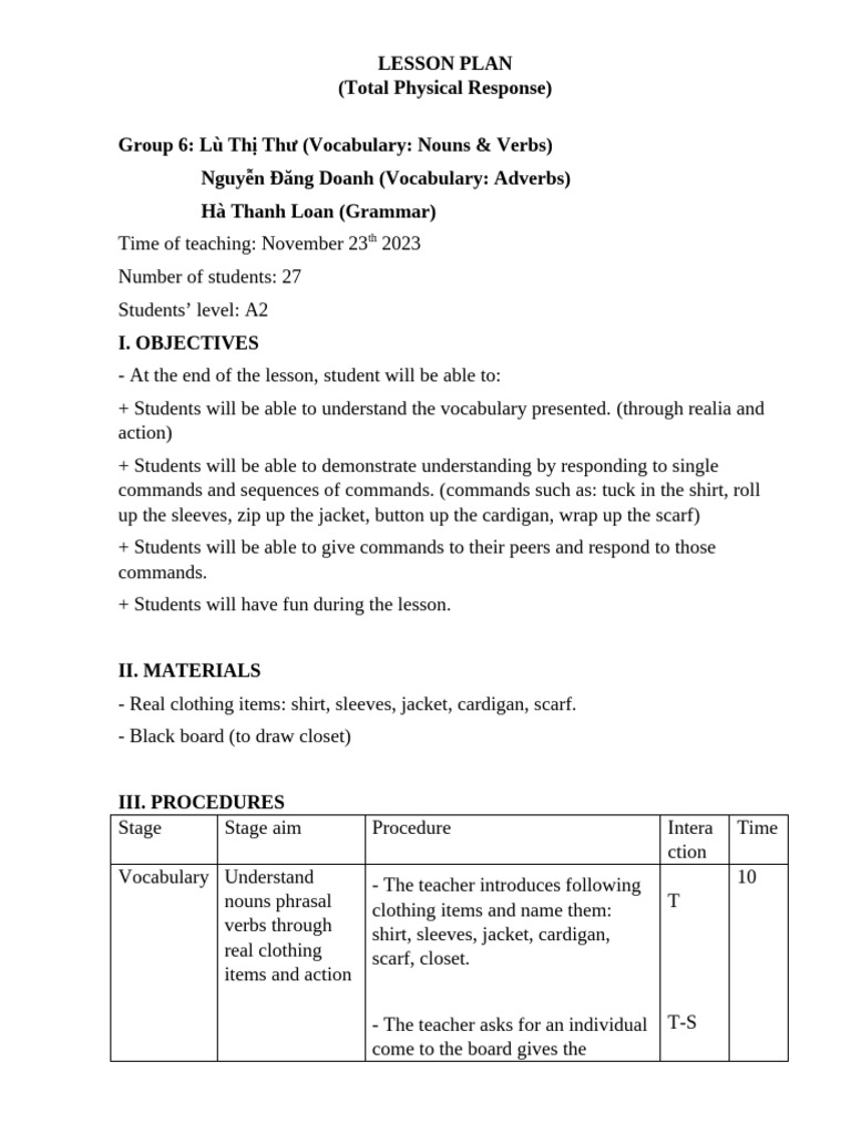 TPR Lesson Plan for A2 Students | PDF | Language Mechanics | Linguistic ...