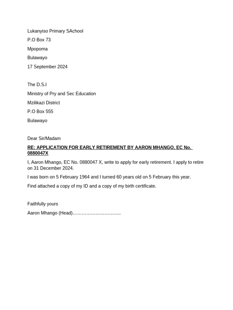 Early Retirement Application by Aaron Mhango | PDF