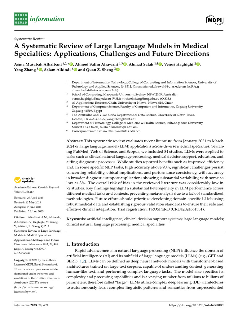 Large Language Models in Medicine Review | PDF | Systematic Review ...