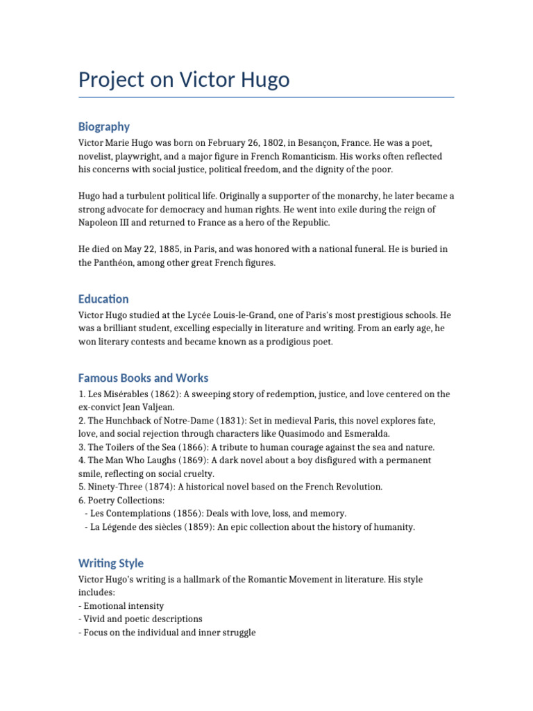 Project On Victor Hugo | PDF | Victor Hugo | Writing