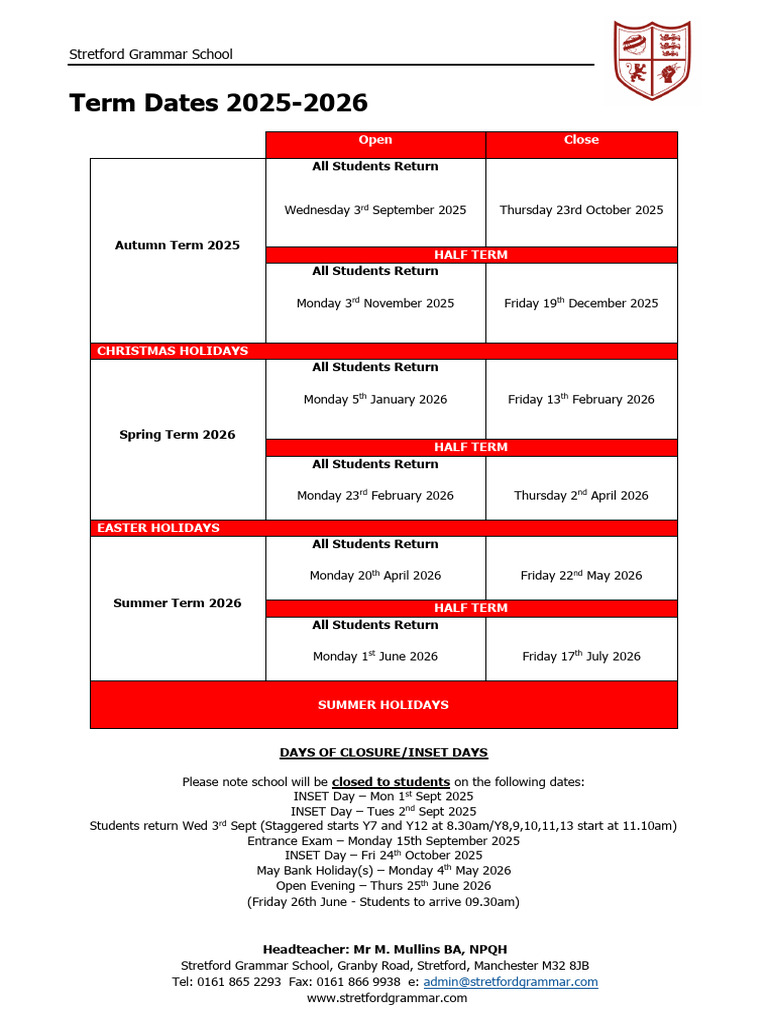 Stretford Grammar Term Dates 2025-2026 | PDF