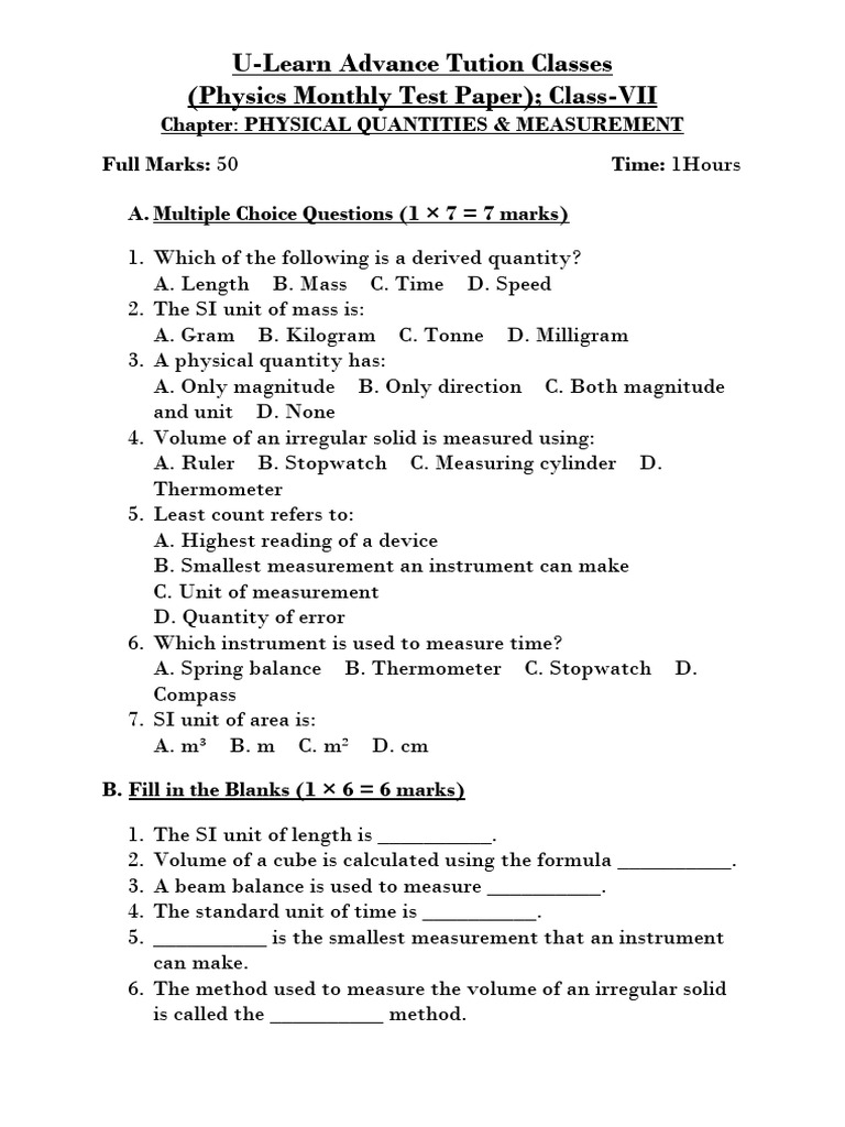 Class 7 Physics: Measurement Test Paper | PDF | Volume | Measurement